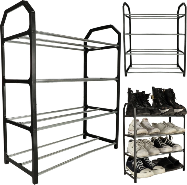 Metalen schoenenrek met 4 legplanken, zwart