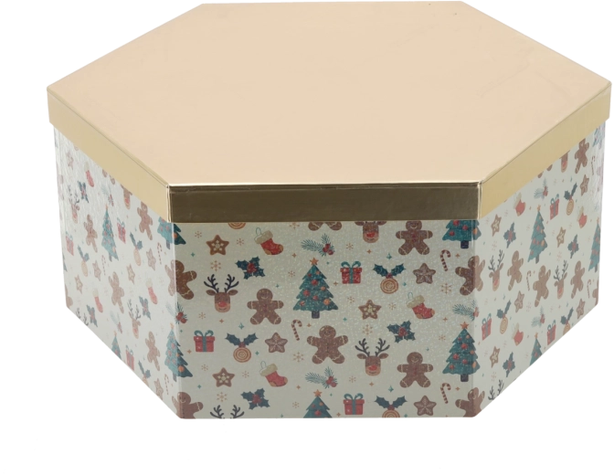 Kerstcadeaudoos in zeshoekige vorm met gouden deksel 36 × 31 × 14 cm