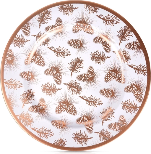 Decoratieve onderzetter onder bord 33 cm – wit met koperen dennenappelmoten