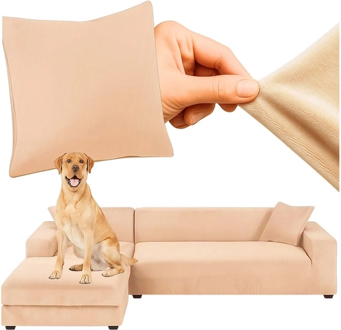 Elastische velours hoes voor hoekbank RUHHY beige 145–185 cm - 1 stuk