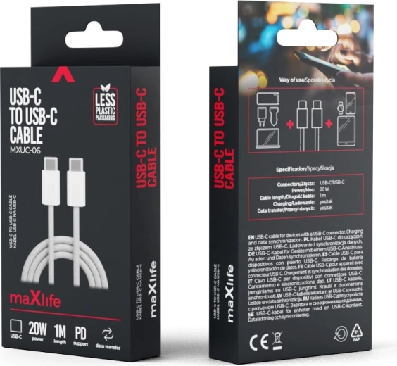 Maxlife nylonkabel USB-C – USB-C 1 m 20 W grijs