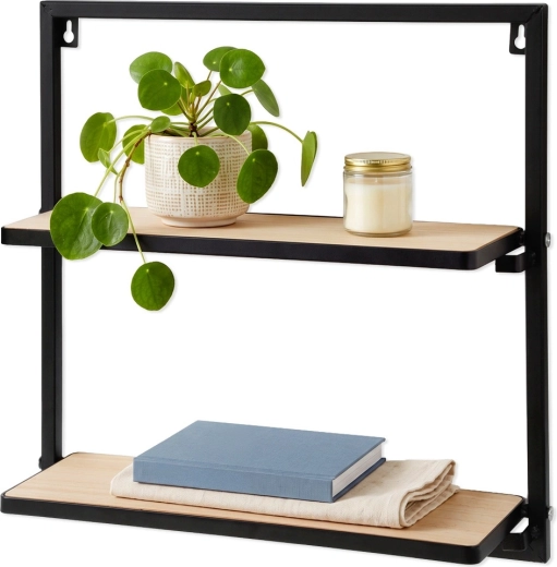 Zwarte metalen wandplank met 2 niveaus 40 × 12 × 40 cm