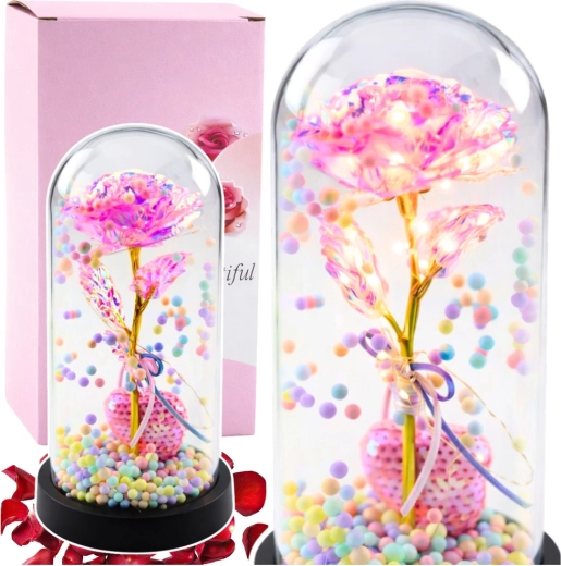 Eeuwige roze onder een glazen stolp met ledverlichting, roze met een hartje en gekleurde bolletjes