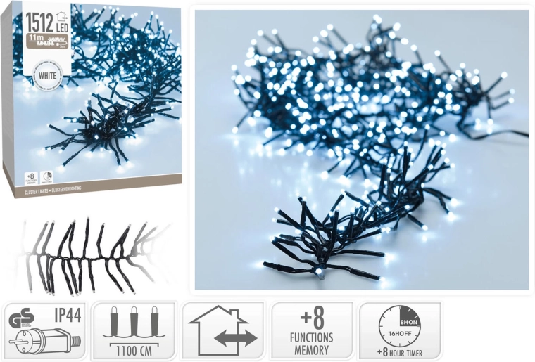 Kerstlichtsnoer 11 m, 1512 LED, koudwit, 8 functies, IP44, met timer - 1 stuk
