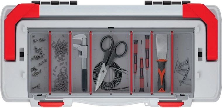 Organisatie van klein materiaal met verstelbare tussenschotten