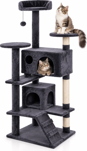 Grijze krabpaal voor katten met huisje 49 × 49 × 134,5 cm