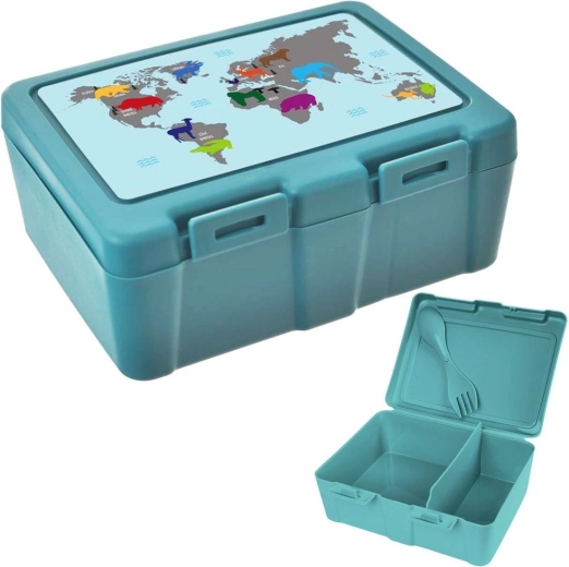 Lunchbox met wereldkaart 1 l, 2 vakken en 2-in-1 bestek