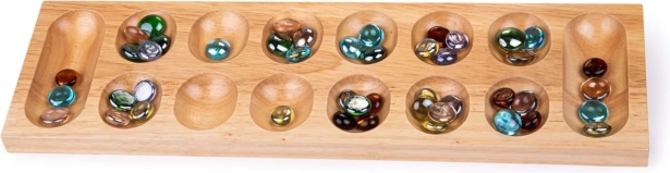 Houten spel Mancala met gekleurde glazen stenen Bigjigs Toys