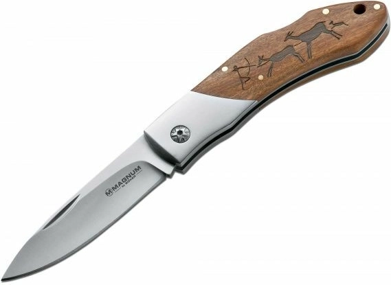 Magnum Caveman Steel zakmes 8,2 cm met houten handgreep en grotmotief