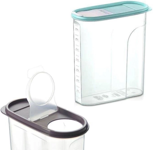 kunststof voorraadbus voor droge levensmiddelen met doseeropening en maatbeker 4 l