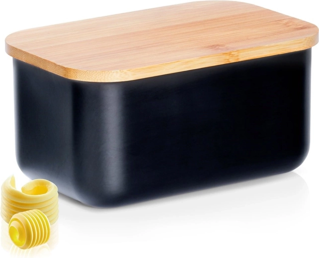 Stalen botervloot met bamboe deksel, zwart