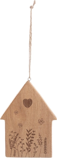 Houten hangdecoratie huisje met bloemenmotief bruin 16 cm