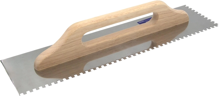 RVS troffel met tanden 6 mm, 500 × 130 mm, houten handgreep
