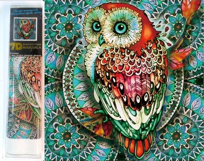 Diamant schilderen 7D – uil op blauwe mandala 30 × 30 cm