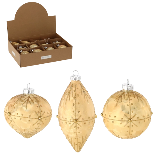 Glazen kerstornamenten – goud, mix van vormen