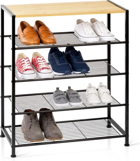 Vilde metalen schoenenrek zwart met 5 planken en bamboe blad 60 × 30 × 74 cm