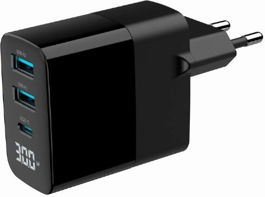 GaN netlader 30 W met LCD, 2× USB‑A en 1× USB‑C, snel laden PD/QC 3.0, zwart