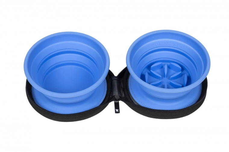Reis-dubbele kom met slow feeder KIWI WALKER, blauw