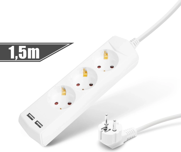 Verlengkabel met 3 stopcontacten en 2 USB-poorten, 1,5 m
