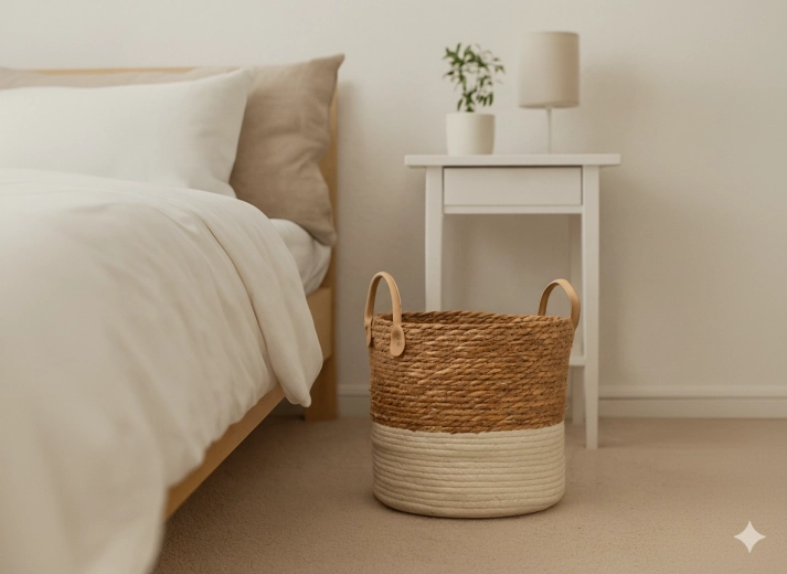 Gevlochten opbergmand van zeegras met franjes, 28 × 26 cm