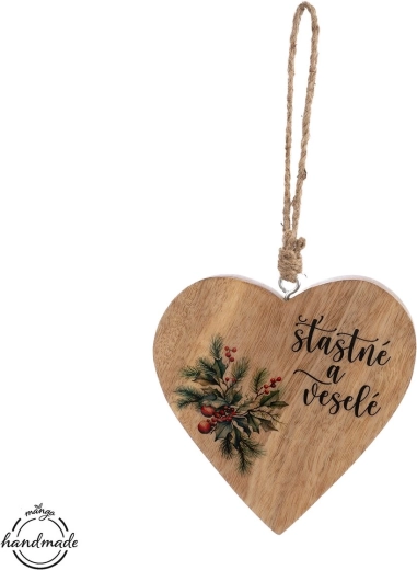 Hangend hart van mangohout „Vrolijk kerstfeest“ - 1 stuk