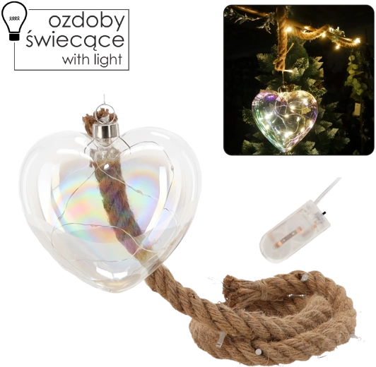 Glazen hartvormige decoratie met LED-verlichting en timer