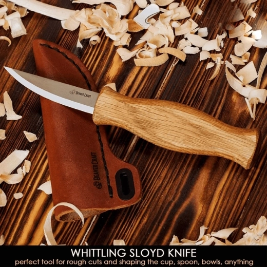 BeaverCraft sloyd snijmes C4S met eikenhouten handgreep en leren schede