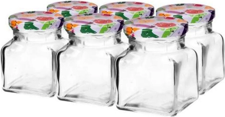 Glazen potjes 120 ml met gekleurde deksels, set van 6 stuks
