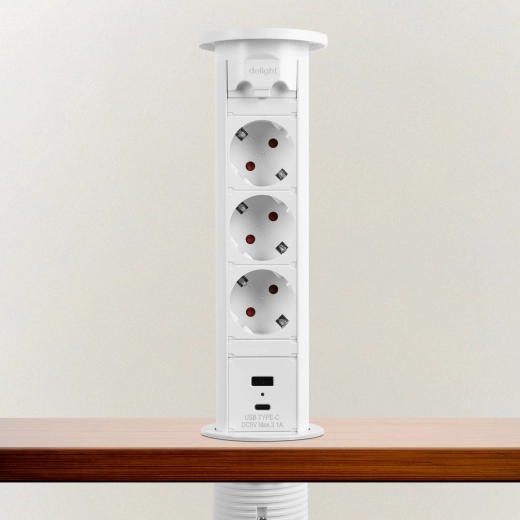 Gemotoriseerde uitschuifbare stekkerdoos voor inbouw in een bureau, wit