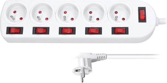 Solight verlengsnoer met schakelaars, 5 stopcontacten, 2 m, wit