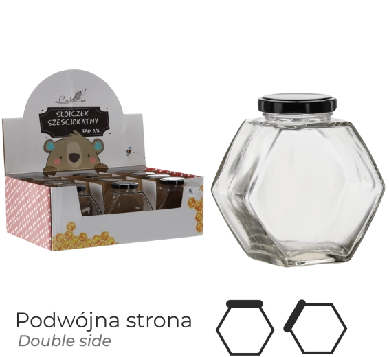 Zeskantige glazen pot met schroefdeksel 380 ml