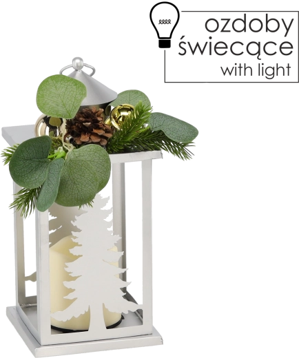 Kerst metalen lantaarn met boompjes en LED-kaars, zilverkleurig