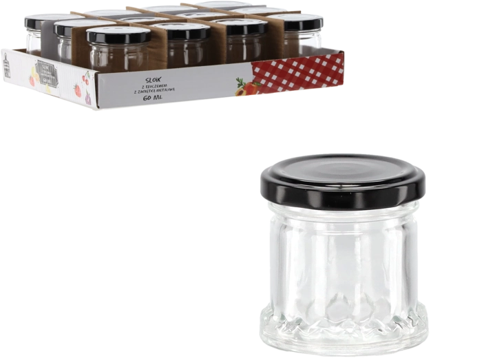 Glazen pot 60 ml met reliëf en zwarte metalen deksel