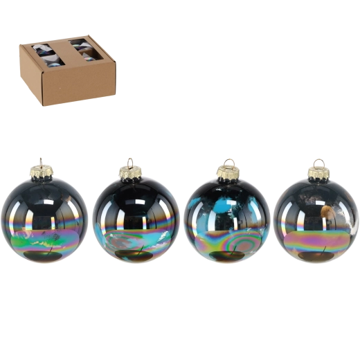 Set van glazen kerstballen 8 cm met benzine- (iriserend) effect, 4 stuks