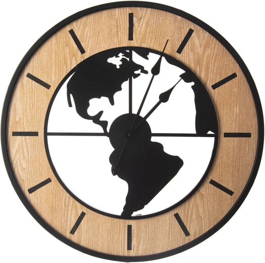 Wandklok van hout en metaal met wereldkaartmotief 60 cm