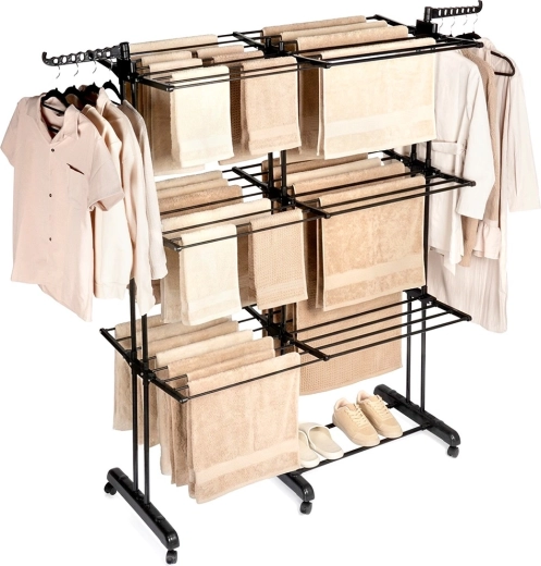 Metalen uitschuifbaar XXL wasdroogrek, zwart, 3 niveaus, telescopisch 75–135 × 66 × 180 cm