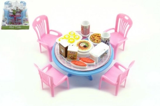 Poppenmeubels – tafel en stoelen met accessoires, kunststof, 12 cm