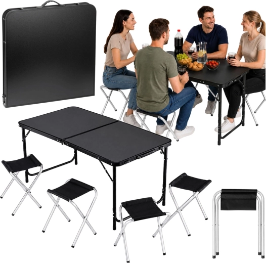Opvouwbare campingset: tafel en 4 stoelen in koffer, zwart