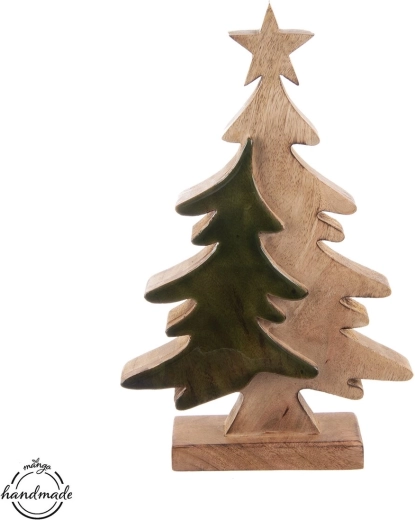 Houten staande kerstboomdecoratie met groene silhouet en ster