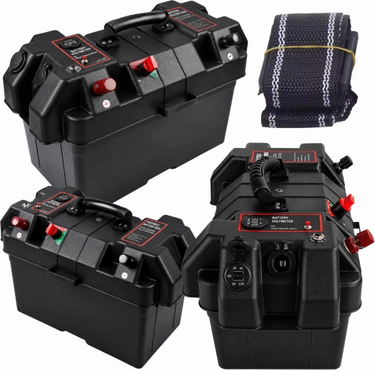 Draagbare box voor 12V-accu met voltmeter en 2× USB