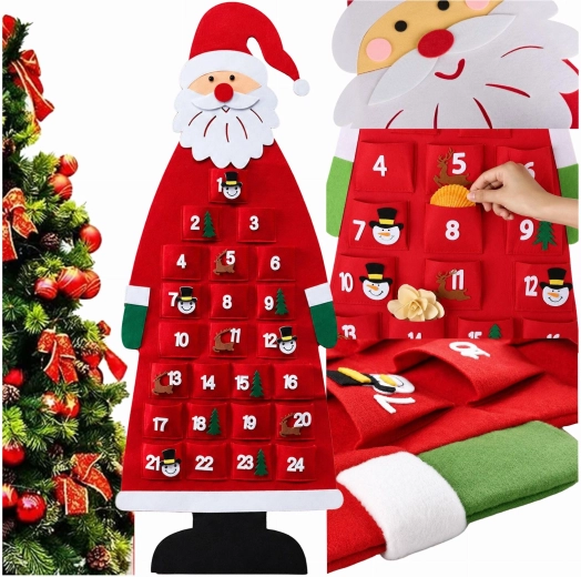 Hangende vilten adventskalender Santa Claus met 24 zakjes, 115 cm