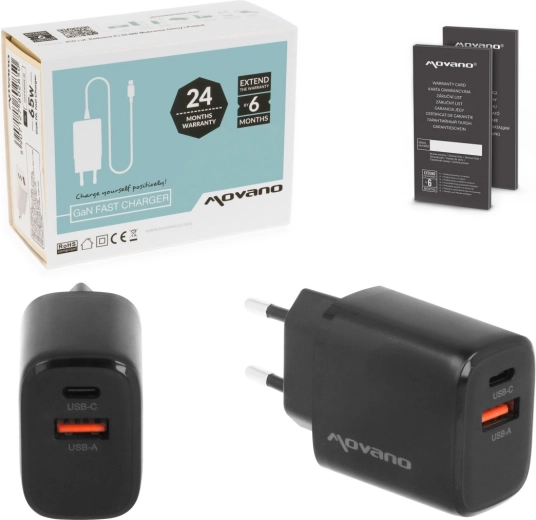 Movano GaN-netlader 30 W (USB‑C PD + USB‑A), zwart