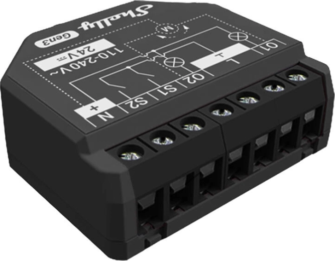 Tweekanaals controller Shelly 2PM Gen3 met energiemeting, Wi‑Fi/Bluetooth