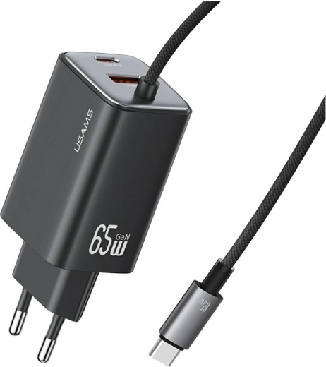 USAMS JC-serie GaN-netlader 65 W met geïntegreerde USB‑C-kabel (2× USB‑C, 1× USB‑A), zwart
