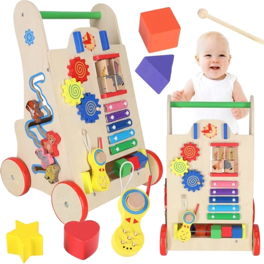 Houten loopwagen met activiteiten 6-in-1