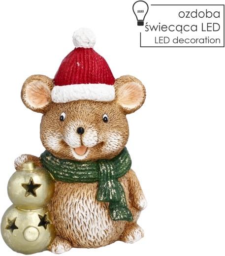 Kerstdecoratief beeldje van een hamster met kerstballen en LED-verlichting