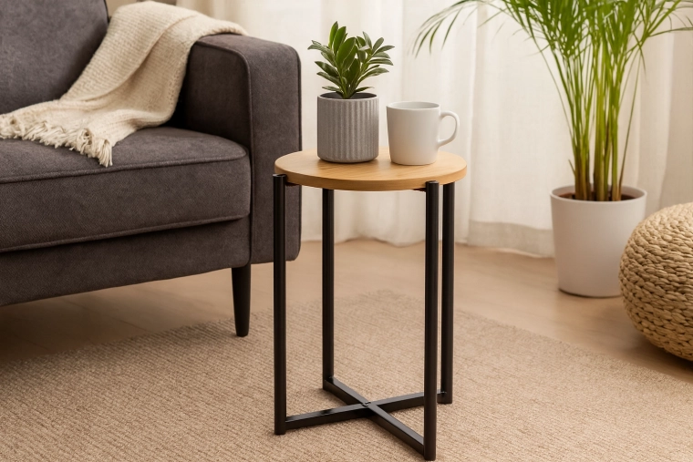 Ronde bijzettafel met metalen onderstel 29 × 42 cm