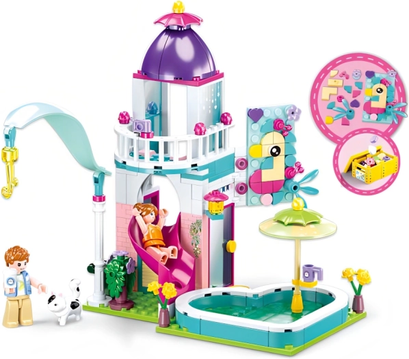 Sluban huisje met glijbaan naar het zwembad