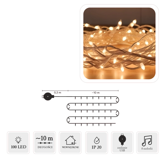 LED-slinger met melodie USB, 100 lampjes, multicolor, 10 m