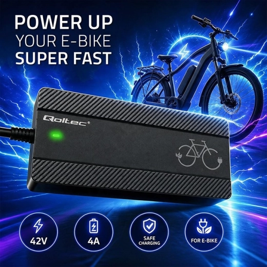 Qoltec-oplader voor elektrische fietsen 36 V, 42 V, 4 A met Bosch-connector en voedingskabel